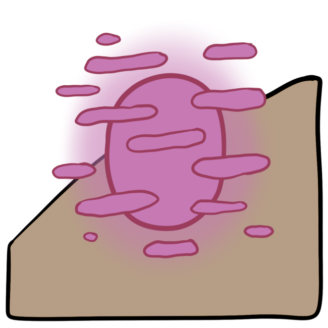 A pink glowing oval with little horizontal pink blobs across and around it. Curved beige skin fills the bottom half of the background.